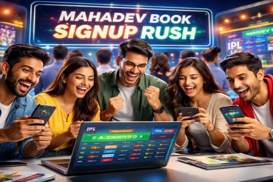 Group of young people excitedly using smartphones and a laptop displaying an IPL betting interface with “Mahadev Book Signup Rush” banner in the background