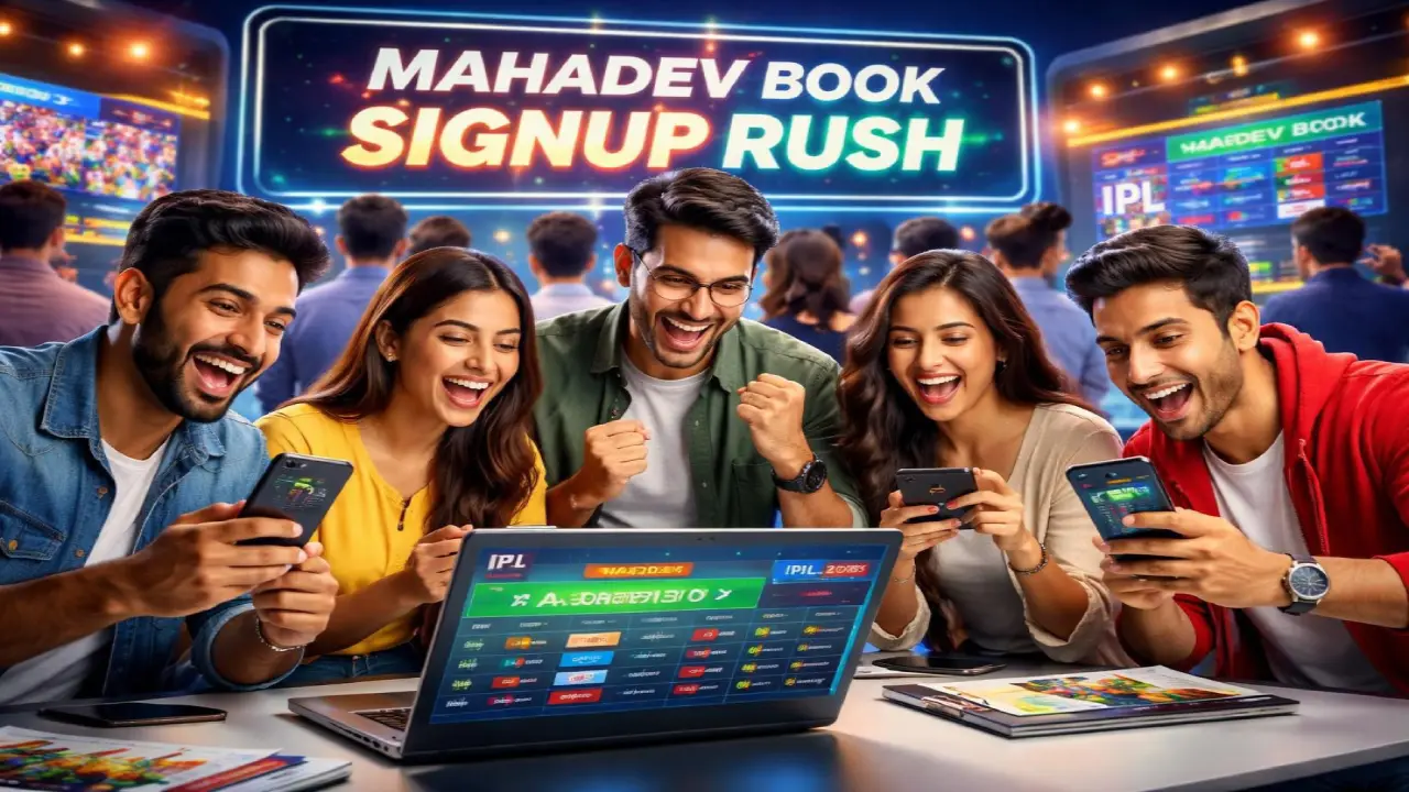 Group of young people excitedly using smartphones and a laptop displaying an IPL betting interface with “Mahadev Book Signup Rush” banner in the background