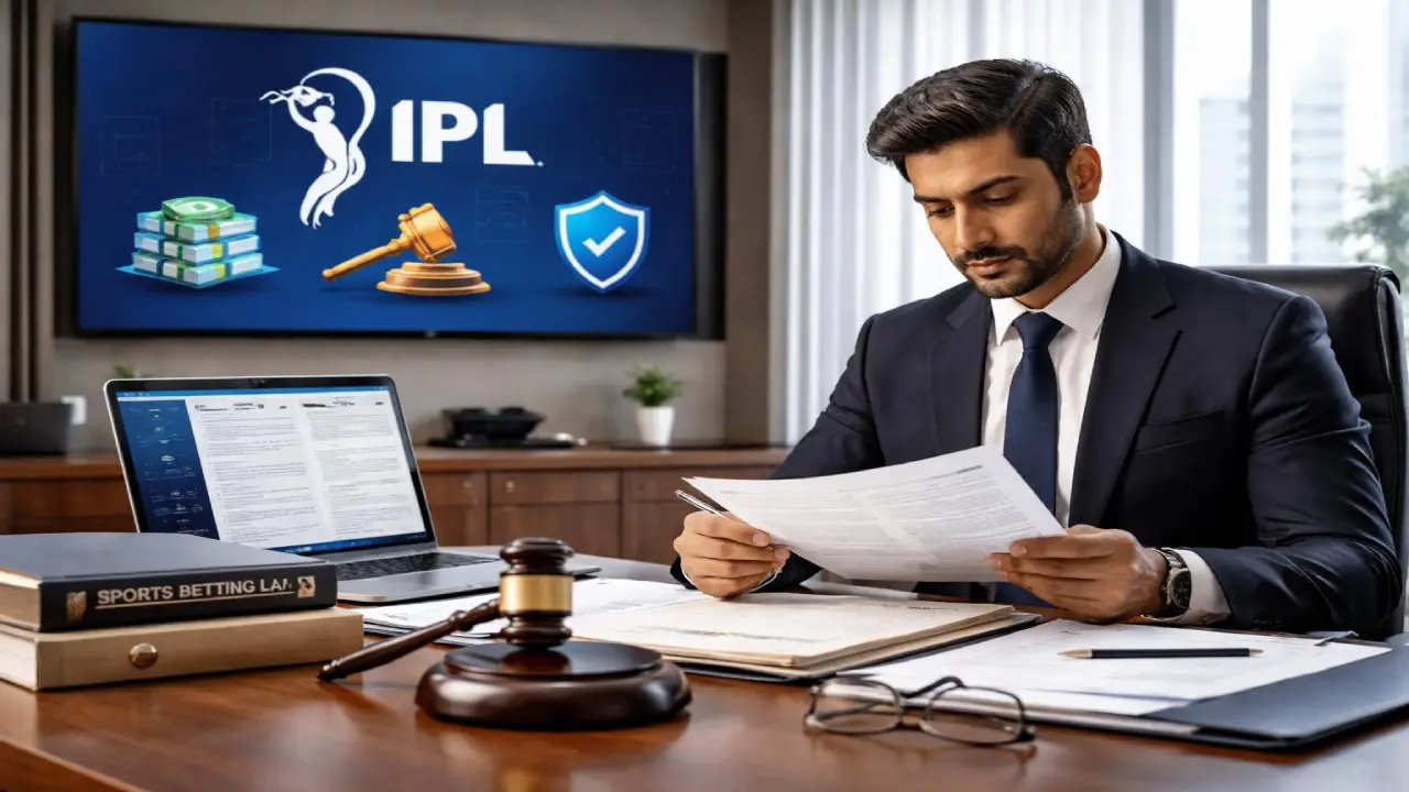 Business professional reviewing legal documents on IPL betting laws in India with gavel, laptop, and compliance symbols in office setting