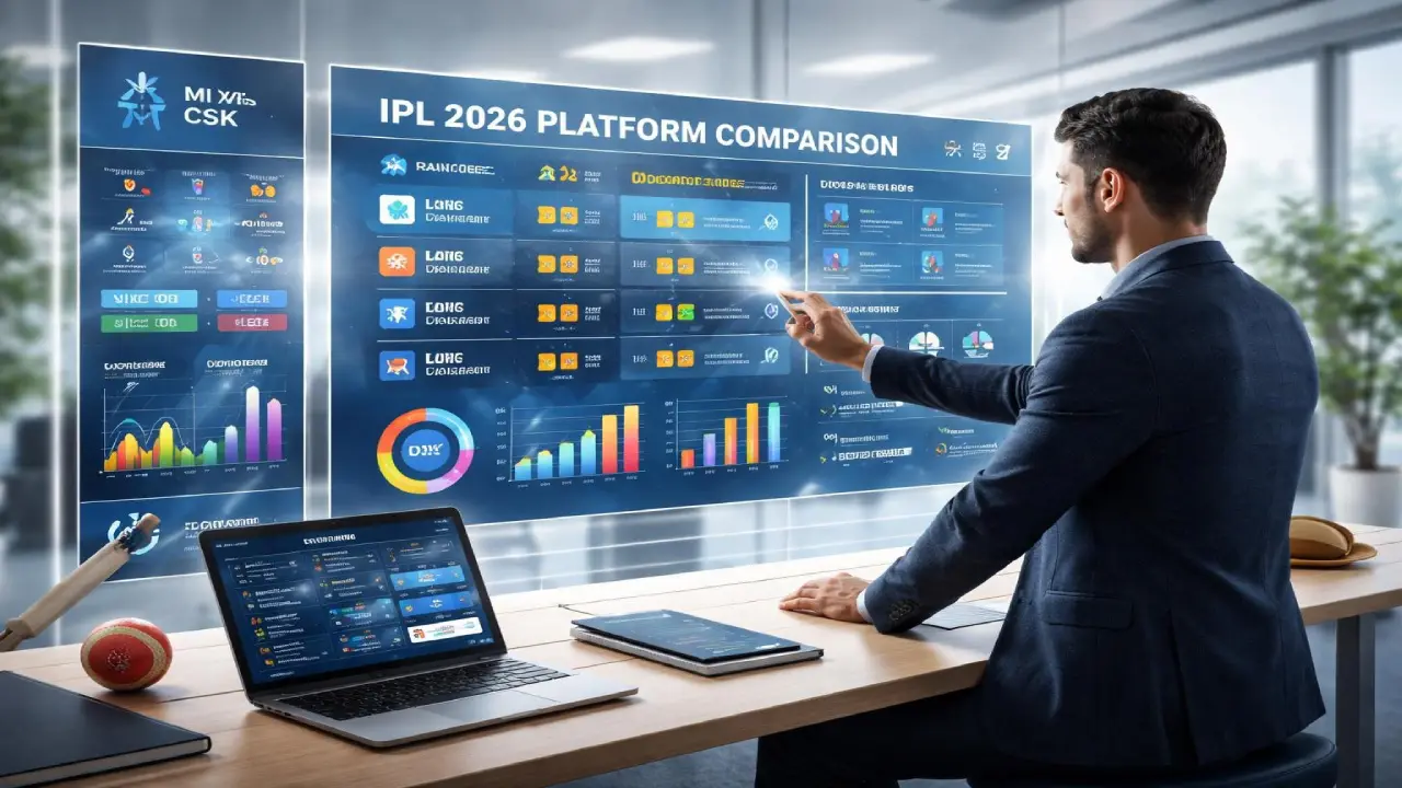 Man analyzing IPL 2026 betting platform comparison dashboard with stats, features, and performance charts for online cricket betting platforms